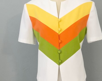 1970s colorful chevron short sleeve skirt suit set skirt and jacket | medium | rainbow pattern 70s polyester suit