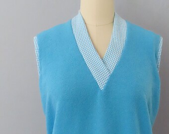 1970s Blue Check Knit Vest: Sleeveless Top, Large-XL