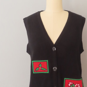 1990s black Christmas sweater vest with patch embroidery | size large | ugly Christmas party Christmas gift gift for her gift for mom