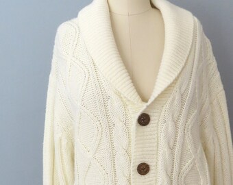 1970s Cable Knit Cardigan: Acrylic Button-Up Sweater, Size Large