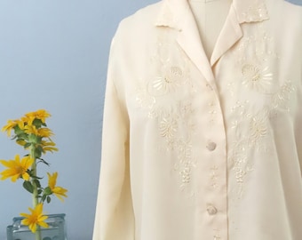 1970s Silk Embroidered Blouse: Daffodil Yellow Floral, Size L