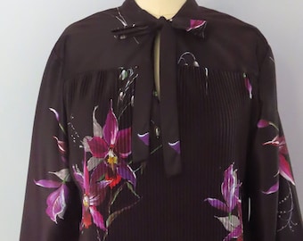 1960s Floral Tie Neck Blouse: Vintage Boho Tunic, Women's Large