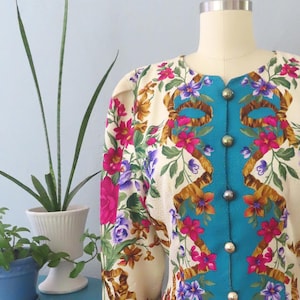 1980s Maggy London silk floral blazer jacket | medium | light silk jacket baroque floral boho bohemian