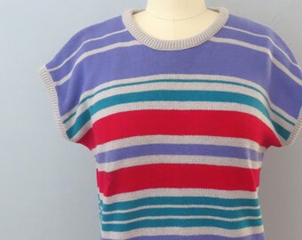 1970s gray + purple striped sweater | medium | 1970's sleeveless casual top 70s knit preppy