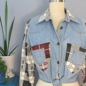 1980s Traffic denim plaid patchwork crop top | medium | long sleeve button up boho bohemian denim button up western crop top plaid crop top