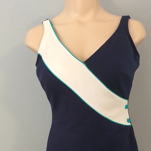 1980s Navy Swim Dress: Vintage Skirted One Piece Swimsuit, Medium