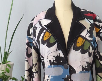 Chaqueta de arte abstracto de los años 90: diseño de pinceladas coloridas, tamaño mediano
