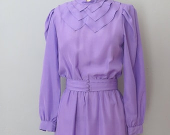 1980s Purple Midi Dress: Ruffle Neck, Pleated Belt (Size Medium)