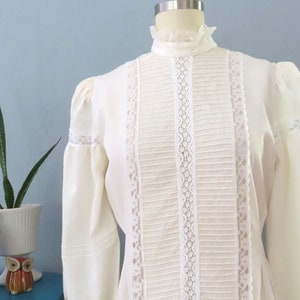 1980s Victorian Silk Lace Blouse: High Neck Edwardian Top (L)