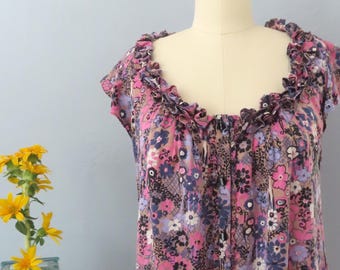 Blusa de seda com babados e estampa floral Y2K: blusa de verão sem mangas (M/G)
