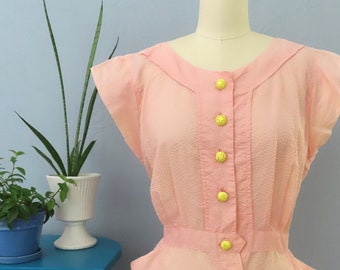 1940s pink seersucker day dress | medium | 40s 50s sleeveless shift dress | spring dresses women 40s day dress seersucker dress