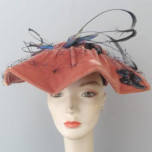 1930s 40s pink mauve ruffled velvet + black sequin fascinator hat with veil and feathers | Cecile Sequin 1940s costume theater