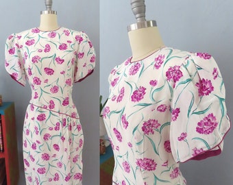 1970s Leslie Fay pink + green floral dress | medium | spring summer party dress cocktail dress 80s midi dress floral formal dress Victorian