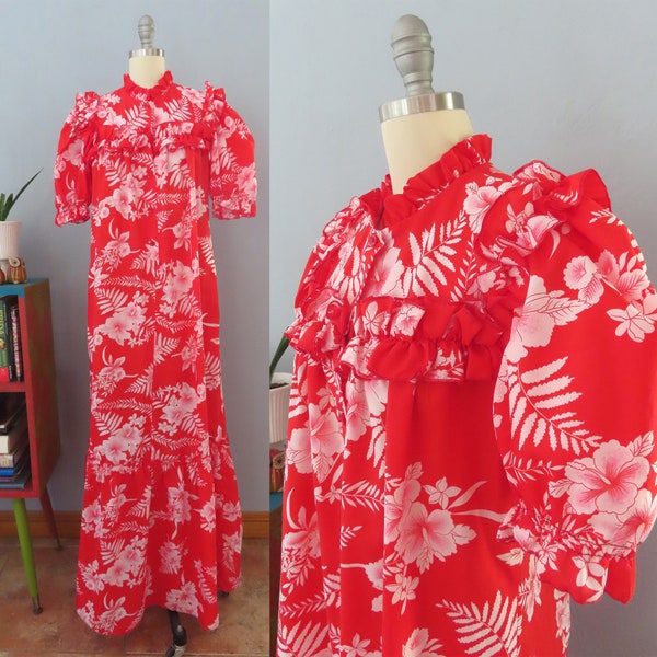 1980s red floral hawaiian maxi dress | size medium | ruffle trim high neck spring dress summer dress