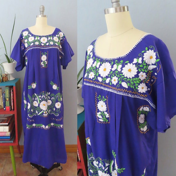 1970s blue Oaxaca Mexican embroidered midi dress cotton | large XL | spring summer Puebla short sleeve hippie boho bohemian Oaxaca Dress