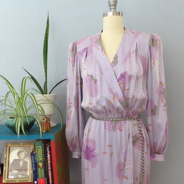 1980s purple abstract long sleeve silk shirtdress | sm medium | secretary dress dressy dress shoulder pads puffy shoulder 80s cocktail dress