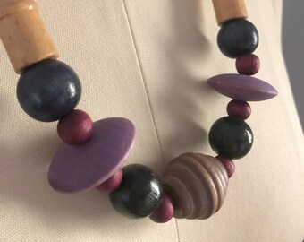 1980s Chunky Wood Beaded Necklace: Boho Statement Jewelry