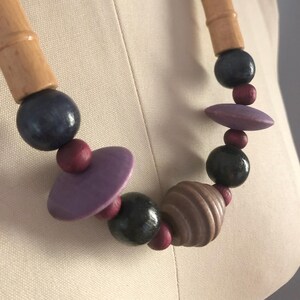 1980s wood beaded necklace | boho bohemian 24" necklace colorful geometric retro 1980s chunky statement bold purple natural red wood beads