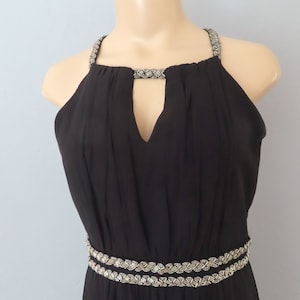 Y2K Black Beaded Halter Maxi Dress: 90s Minimalist Gown (Size M)