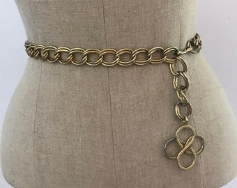 Vintage Gold 4 Leaf Clover Medallion Metal Chain Link Belt / Size Small Medium Large S M L Gold Tone Metal