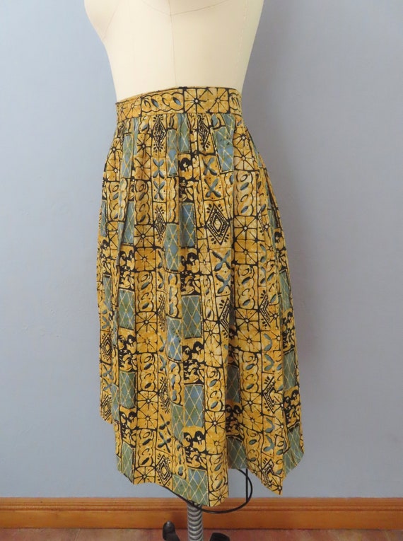 1980s yellow blue abstract print batik skirt | si… - image 4