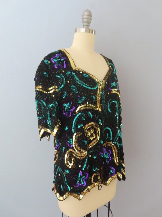 vintage 80s silk sequin beaded floral blouse top … - image 3