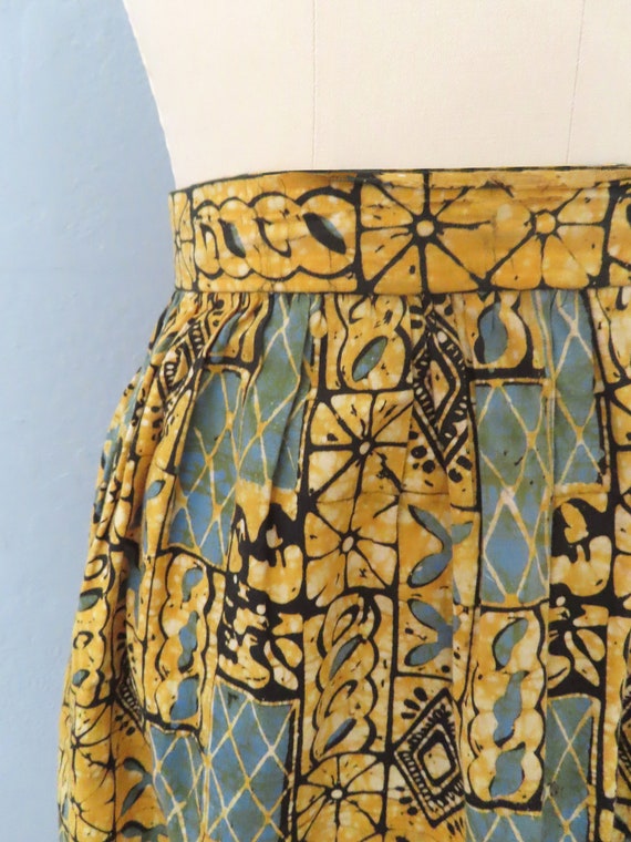 1980s yellow blue abstract print batik skirt | si… - image 3