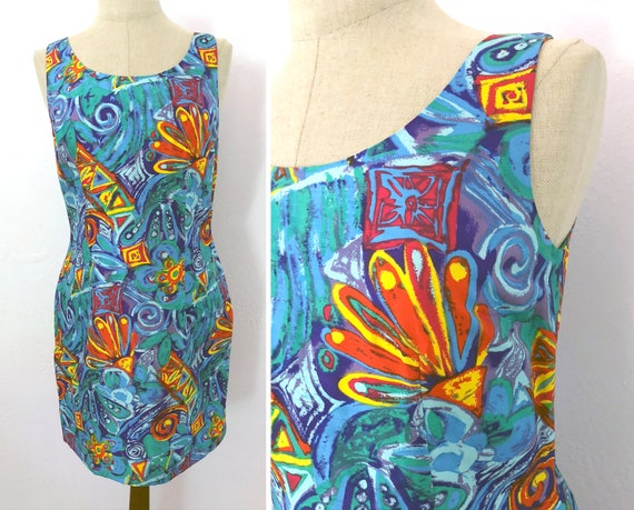 1990s hawaiian abstract floral silk sheath dress … - image 1