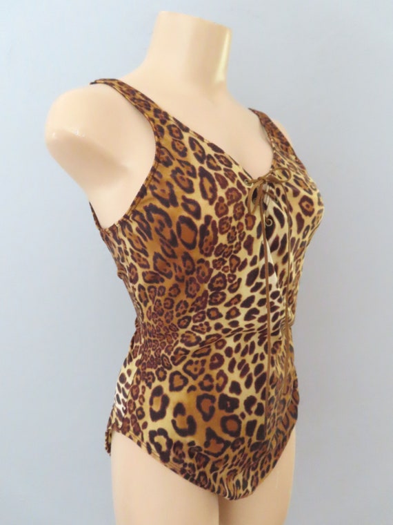 1980s lace up leopard one piece swimsuit swim pin… - image 3