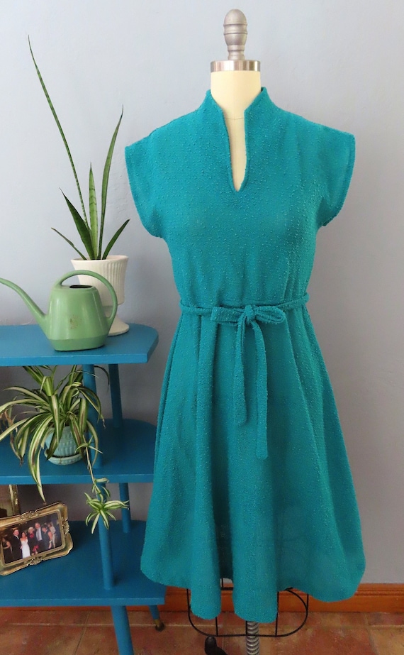 1970s Boucle Knit Dress: Jade Green Vintage A-Line Midi
