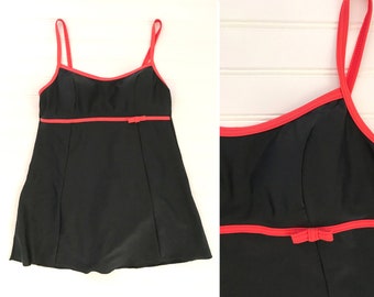 1980s red one piece swimsuit skirted swim | size large | pinup swim dress swim romper