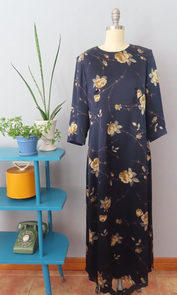 1990s Floral Silk Sheath Dress - Vintage Midi Dress