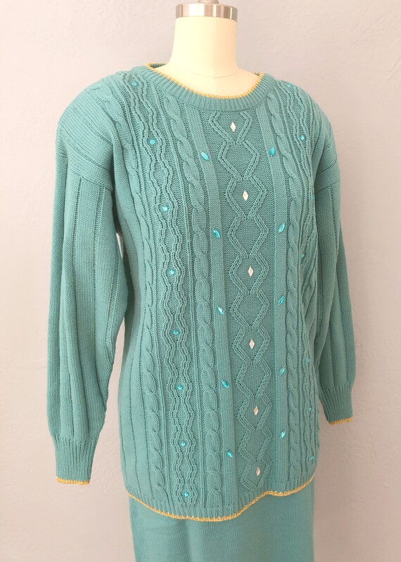 1980s blue green knit sweater skirt set | small |… - image 6