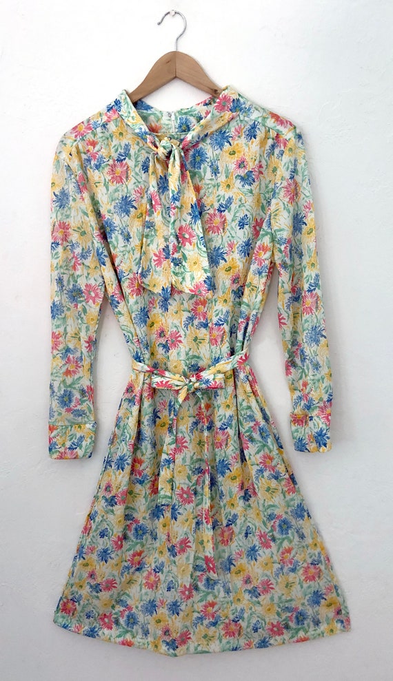 vintage 60s tie neck floral day dress | size larg… - image 9