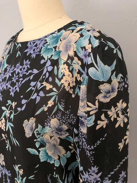 1970s black floral day dress | size large | dark … - image 6