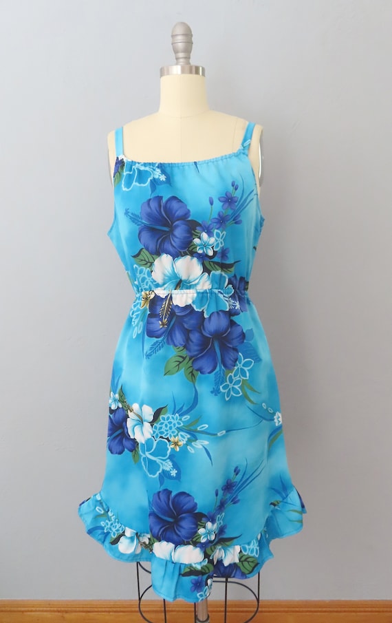 1980s blue Hawaiian floral sun dress | size mediu… - image 2