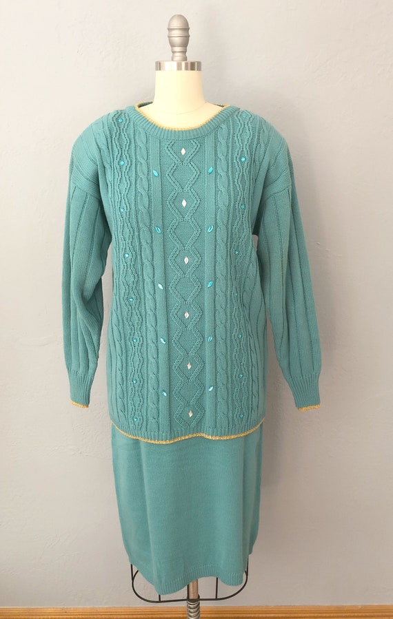 1980s blue green knit sweater skirt set | small |… - image 2