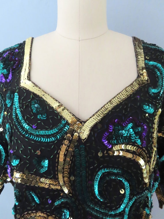 vintage 80s silk sequin beaded floral blouse top … - image 6