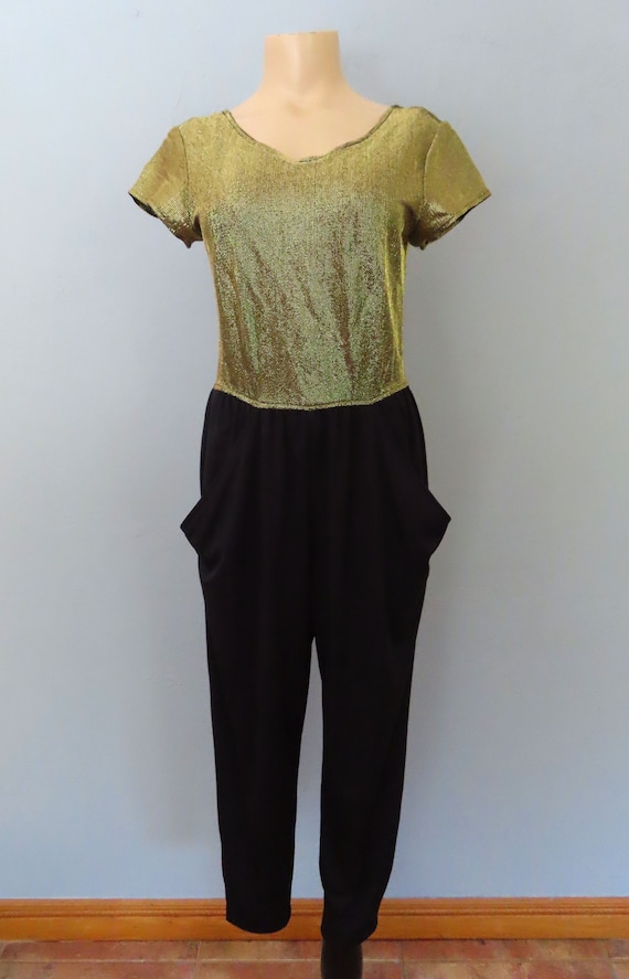 1970s disco black and gold jumpsuit | size medium… - image 2