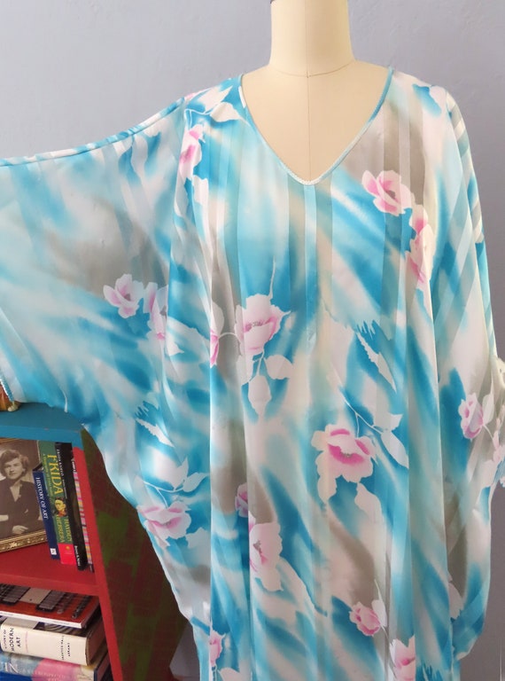 1980s Mary McFadden blue floral striped kaftan dr… - image 2