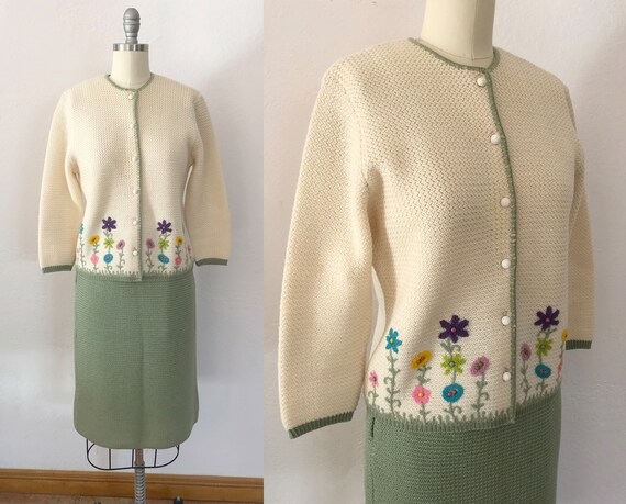 1940s 50s embroidered sweater skirt set | xs-small