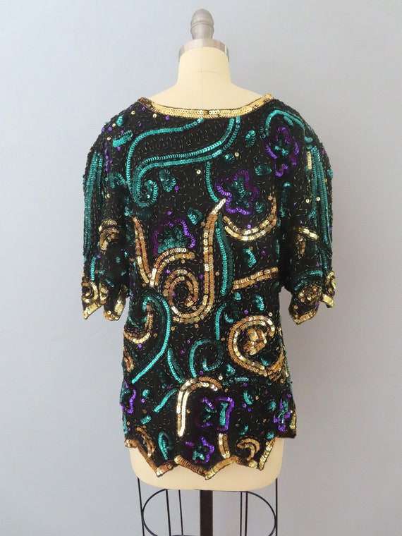 vintage 80s silk sequin beaded floral blouse top … - image 9