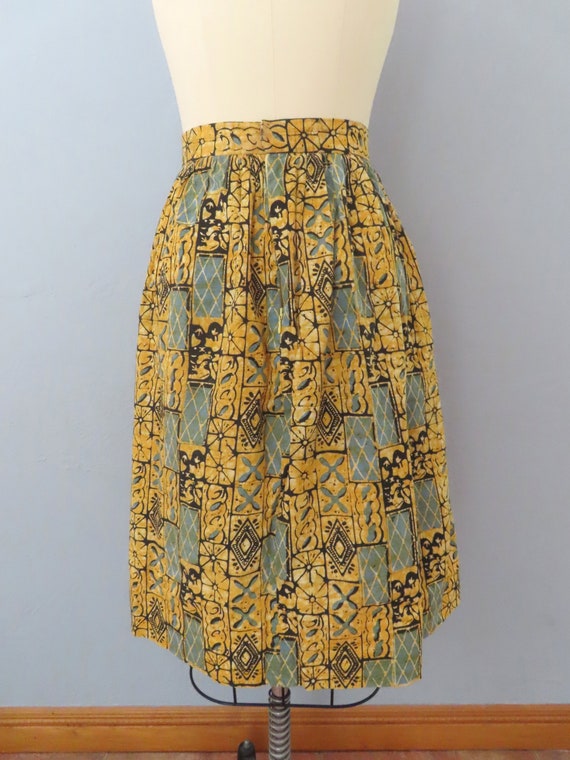 1980s yellow blue abstract print batik skirt | si… - image 8