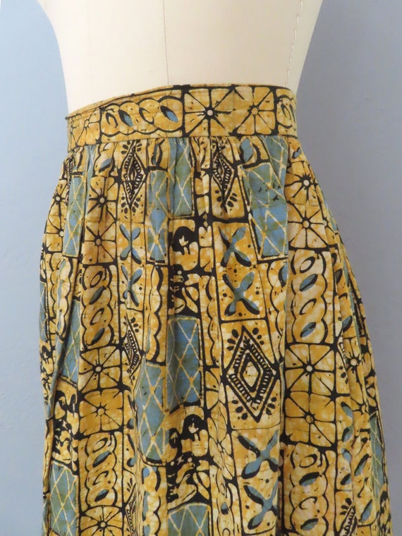 1980s yellow blue abstract print batik skirt | si… - image 5