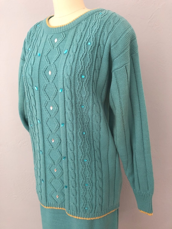 1980s blue green knit sweater skirt set | small |… - image 4