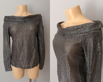 1970s disco metallic silver cowl neck top | size medium | 1970s 1980s party roller skating holiday top