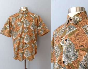 1980s mens tropical abstract print button up shirt short sleeve | mens large | rockabilly | barkcloth shirt