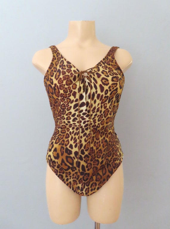 1980s lace up leopard one piece swimsuit swim pin… - image 2