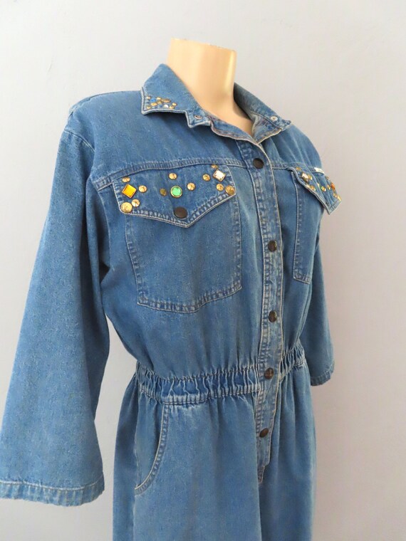 1980s rhinestone studded denim overall jumpsuit |… - image 7