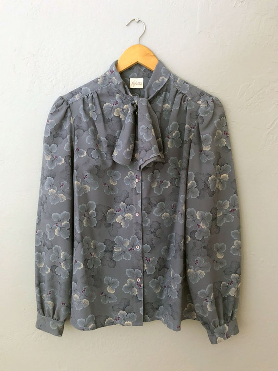 vintage 80s floral tie neck blouse | size large |… - image 8